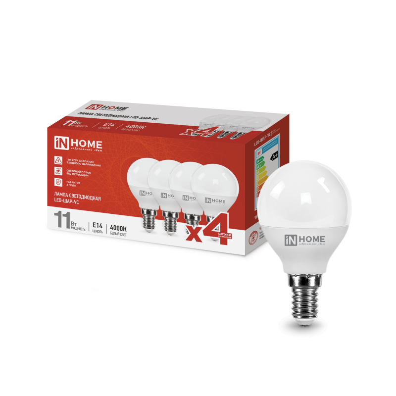 картинка Лампа светодиодная LED-ШАР-VC 4PACK 11Вт 230В Е14 4000К 1050Лм (4шт./упак) IN HOME