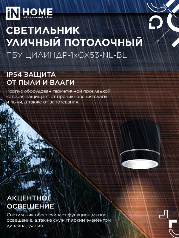 картинка Светильник уличный потолочный ПБУ ЦИЛИНДР-1xGX53-NL-BL с подсветкой алюминиевый черный IP54 IN HOME