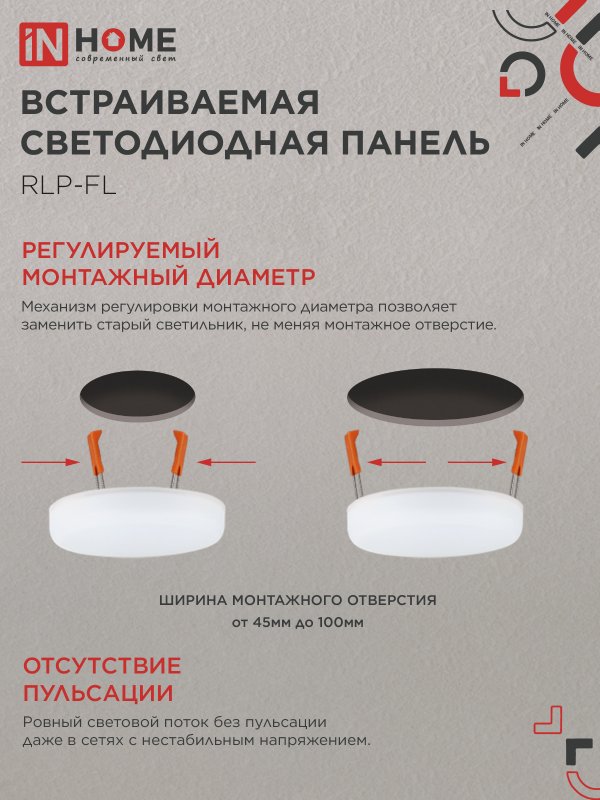 картинка Панель светодиодная встраиваемая безрамочная RLP-FL 18Вт 230В 4000К 1620Лм 120мм с регулируемым монтажом 45-100мм белая IP20 IN HOME