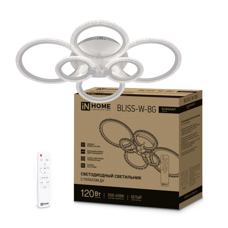 картинка Светильник светодиодный ELEGANT BLISS-W-BG 120Вт 230В 3000-6500K 8400Лм 780х550х130мм пульт ДУ белый IN HOME