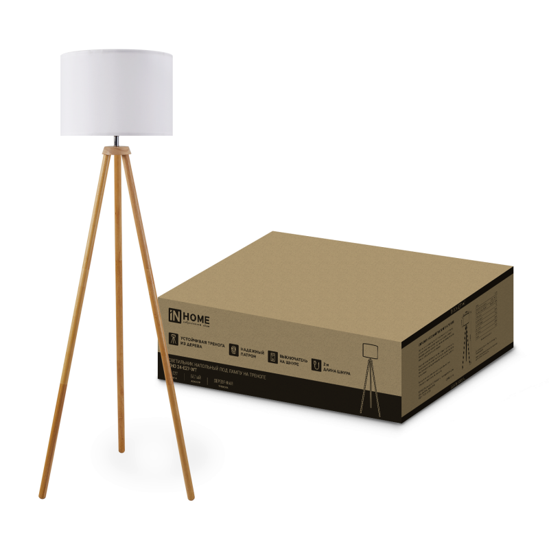 картинка Светильник напольный под лампу ТНО 24-Е27-WT 230В белый абажур, деревянная тренога IN HOME