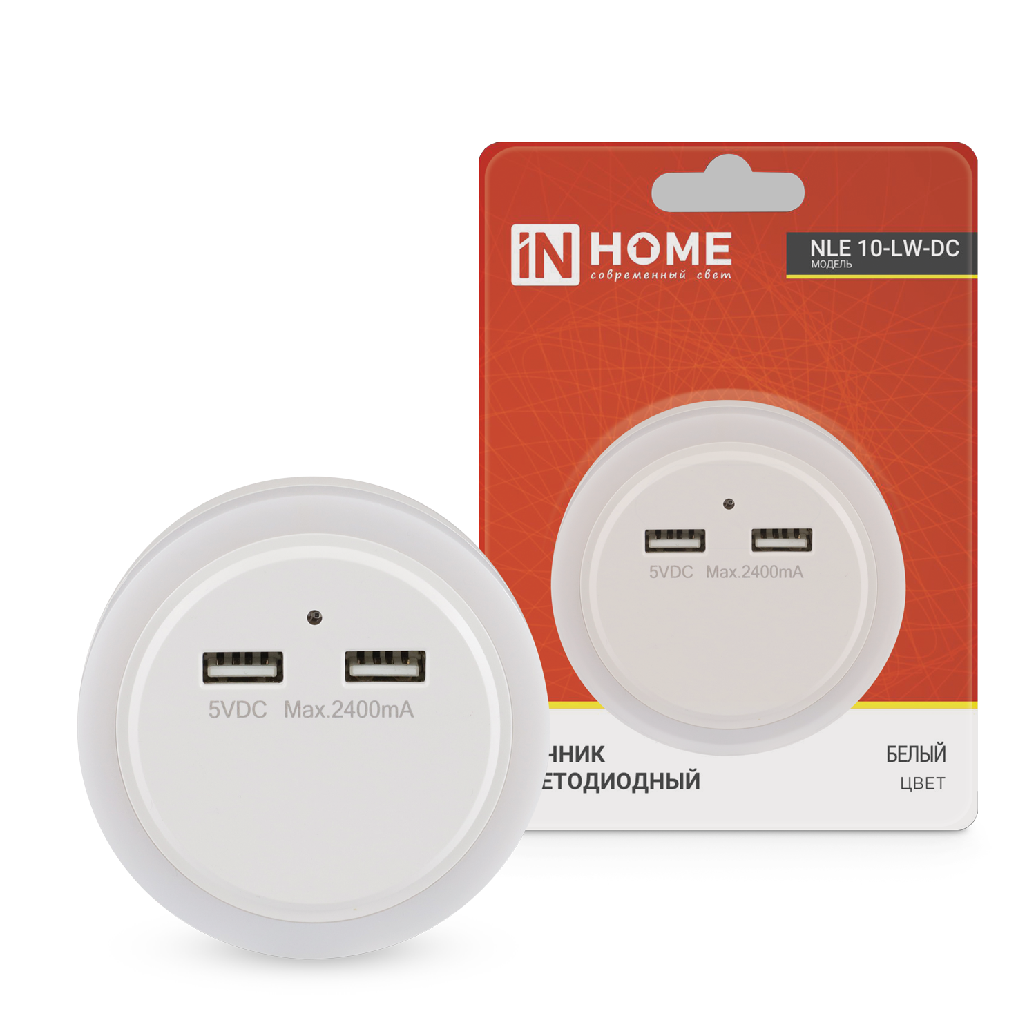 картинка Ночник светодиодный NLE 10-LW-DC белый 2хUSB разъема с датчиком освещения 230В IN HOME