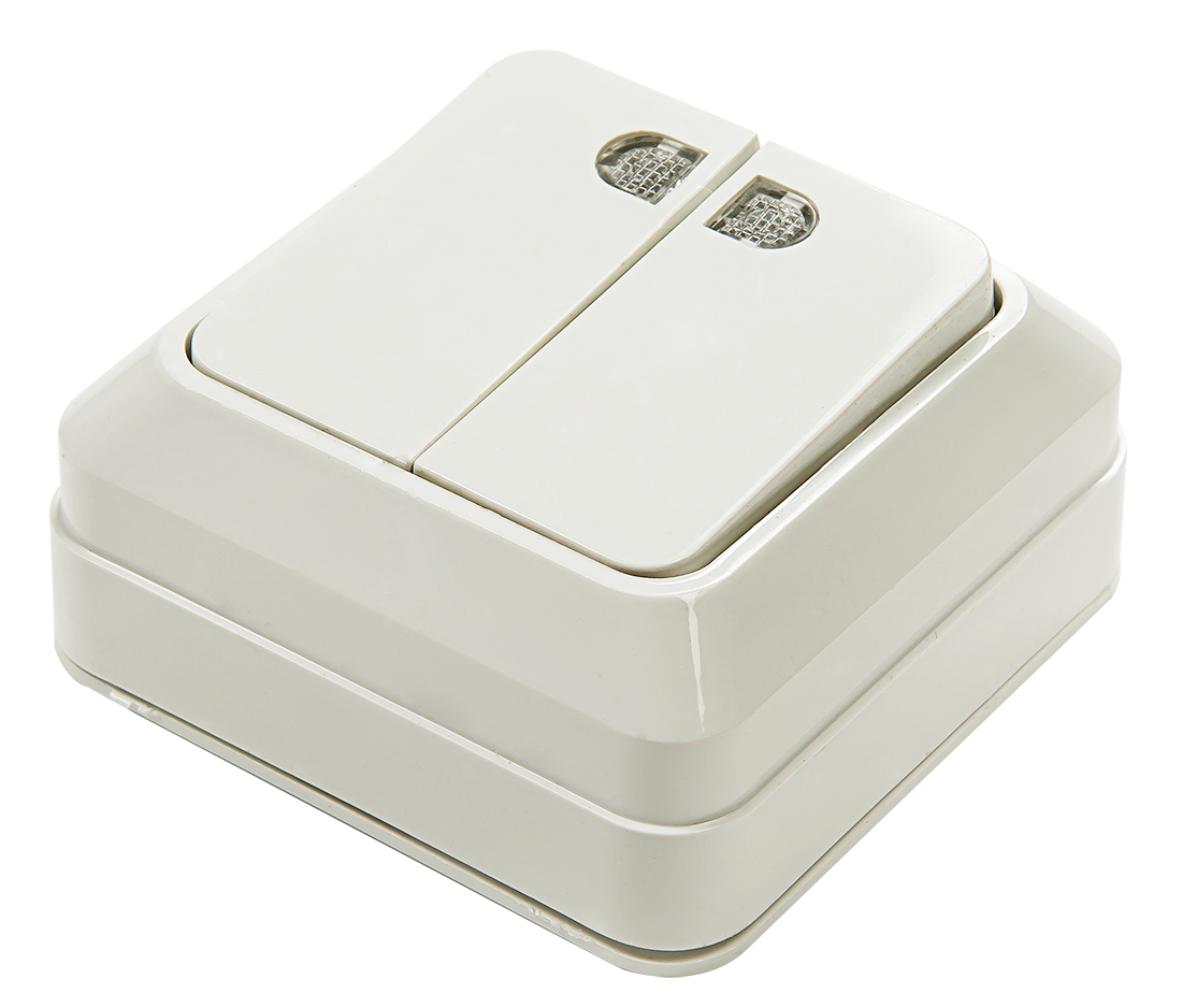 картинка Выключатель двухклавишный с подсветкой BOLLETO белый накладной 7123 IN HOME